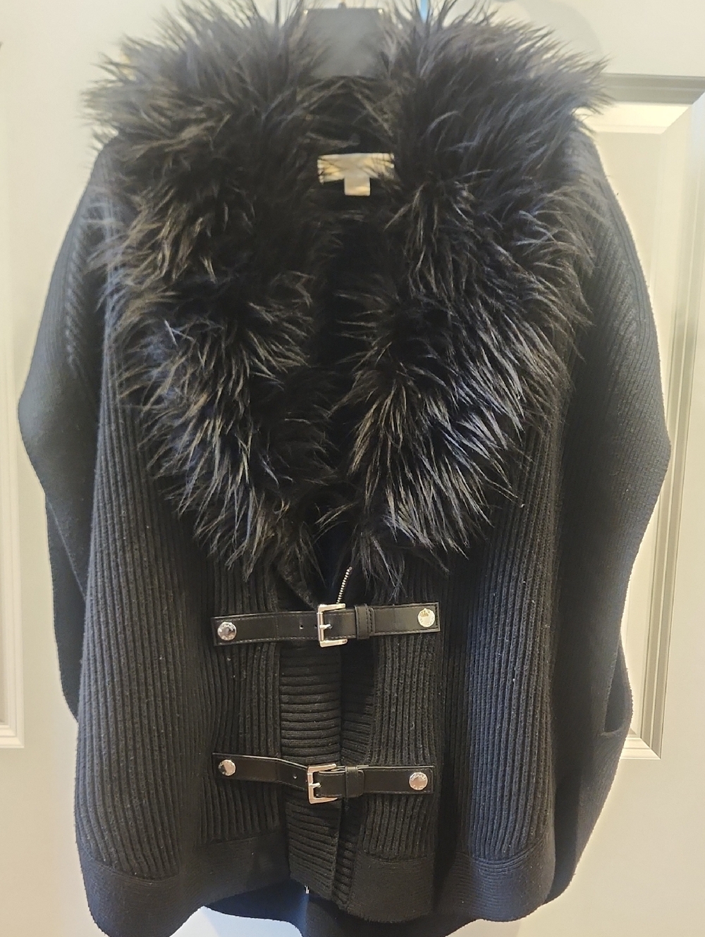 Michael Kors Black Knit Jacket with Faux-Fur Collar